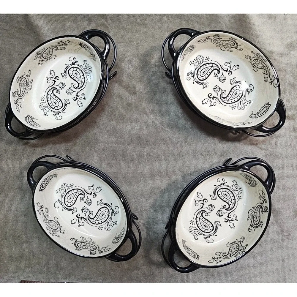 Temp-tations Vintage Paisley Set of 4 Mini Oval Covered Casseroles Black NEW HTF
